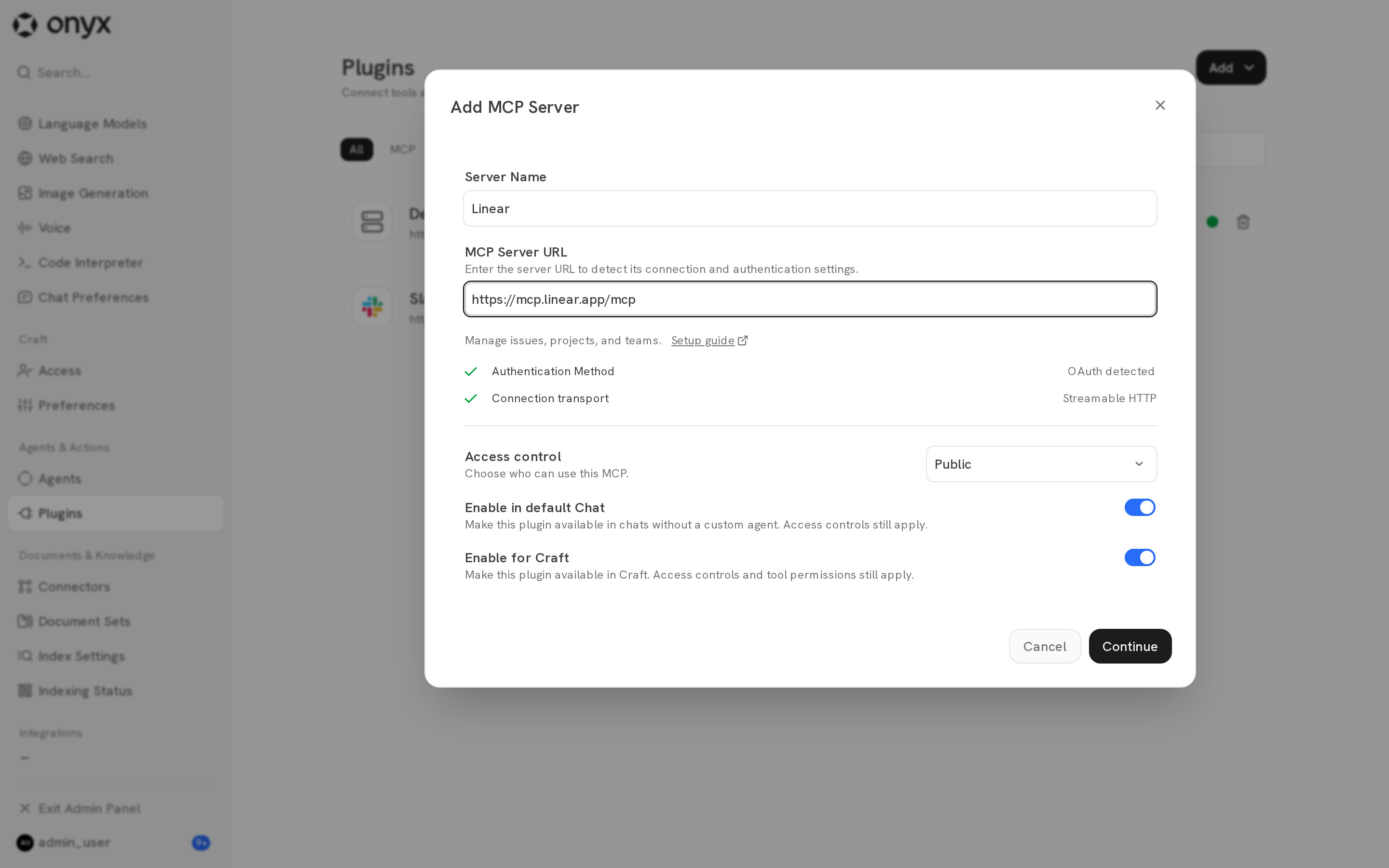 The Add MCP Server dialog for Linear with OAuth detected