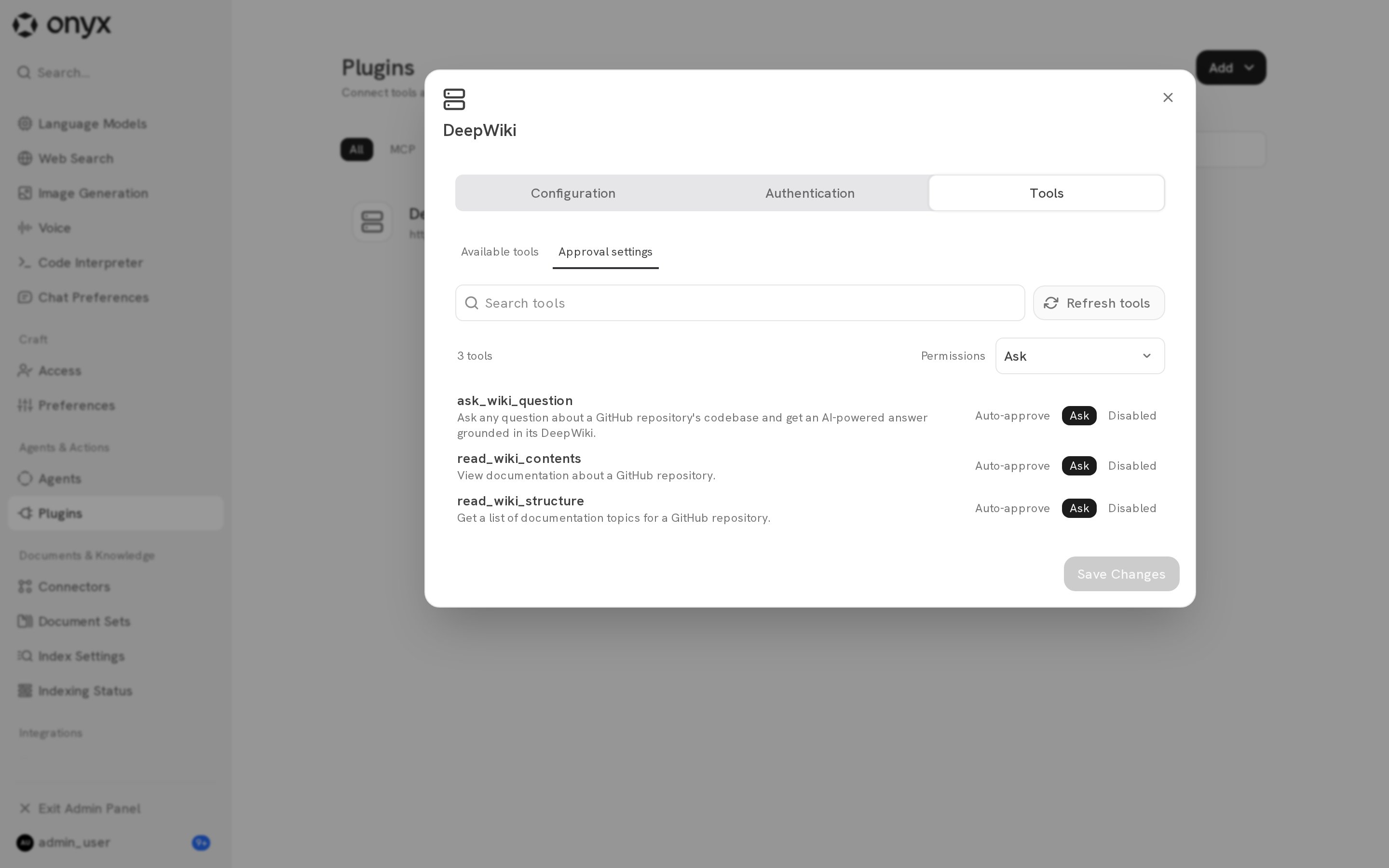 Approval settings with Auto-approve, Ask, and Disabled for each tool