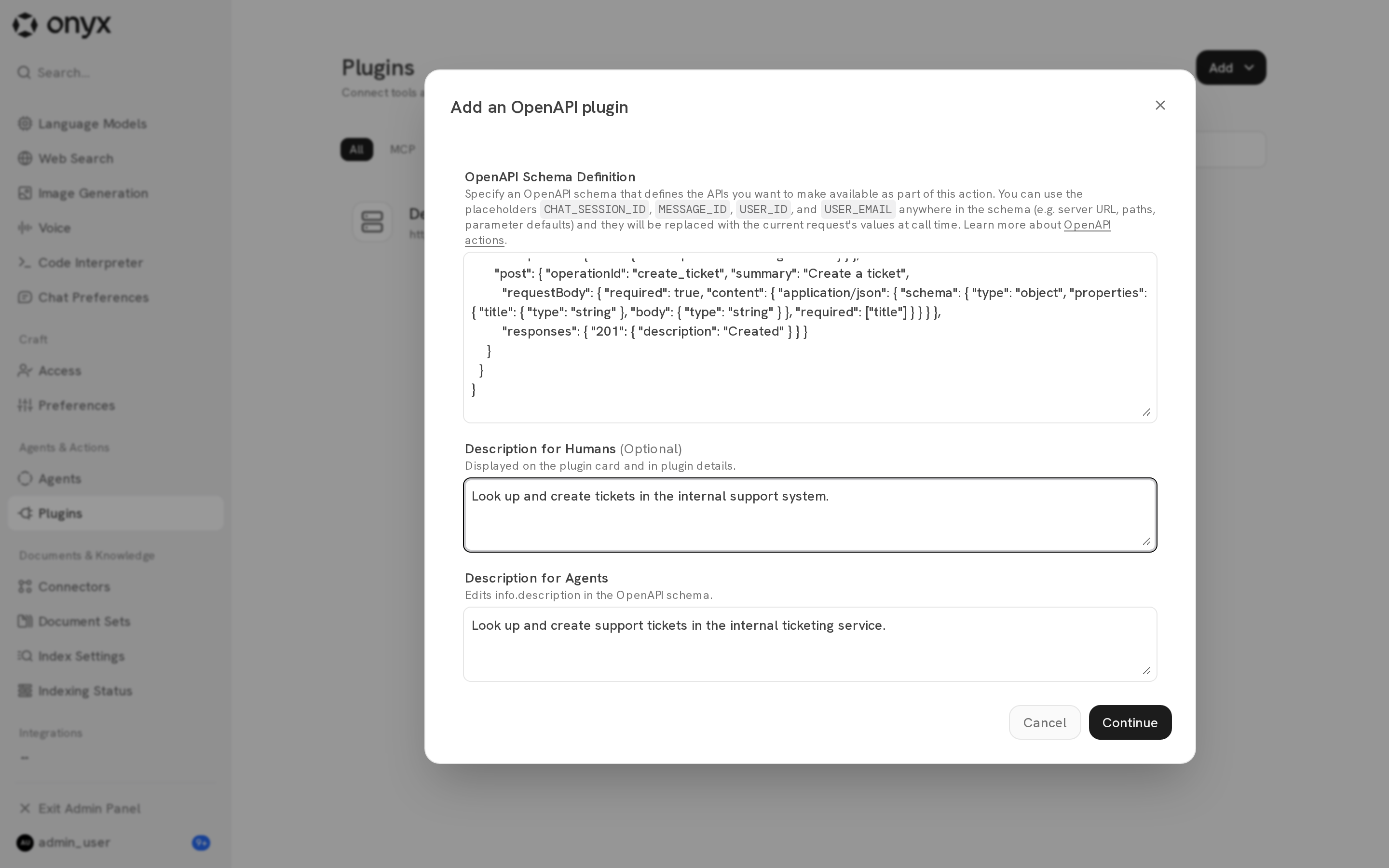 The Add OpenAPI plugin form with a schema and the operations that Onyx found