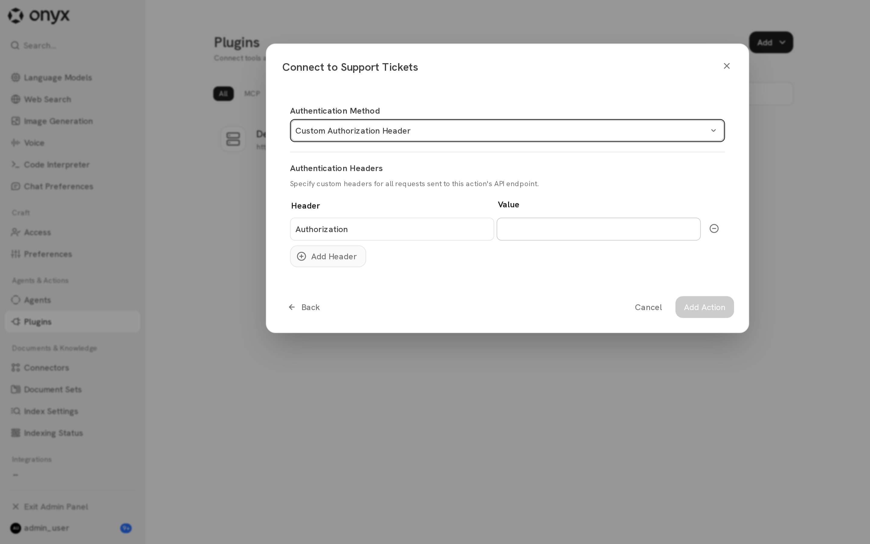 Custom Authorization Header settings with header name and value fields