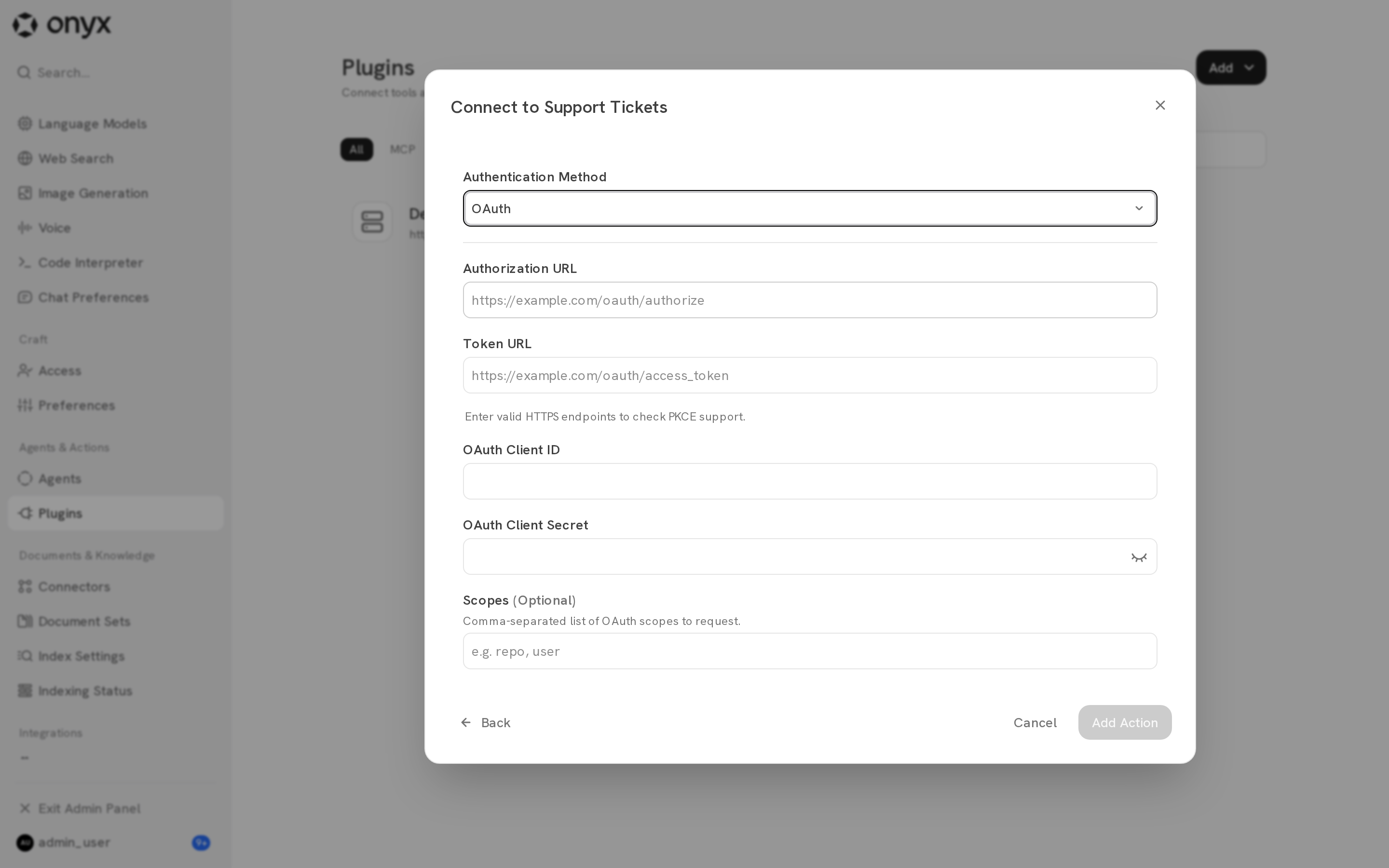 OAuth settings with Authorization URL, Token URL, client ID, client secret, scopes, and PKCE