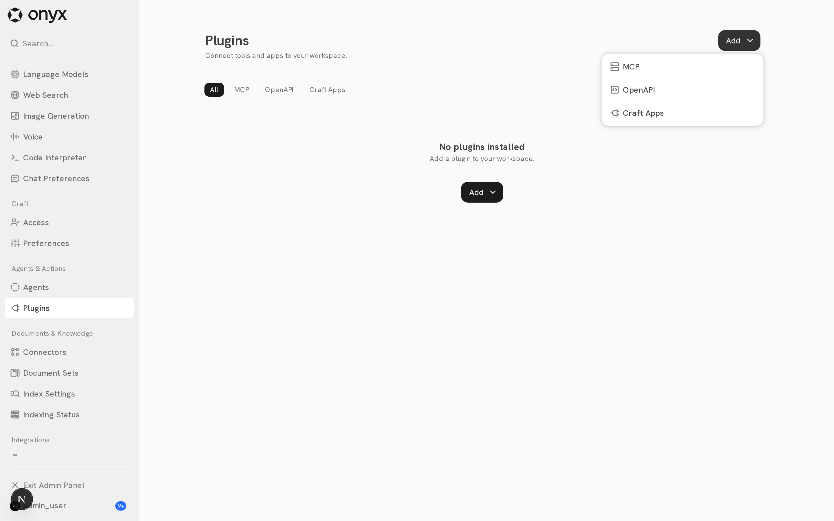 The Add menu with MCP, OpenAPI, and Craft Apps options