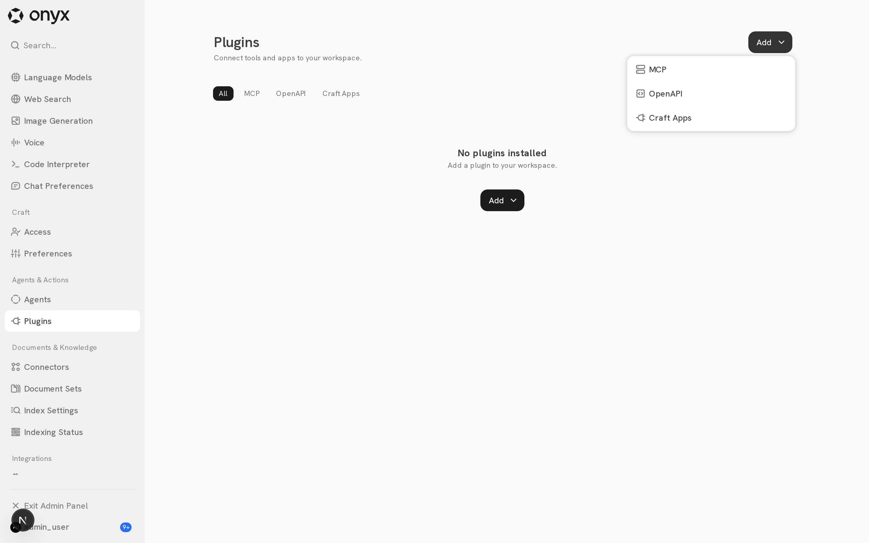 The Add menu with MCP, OpenAPI, and Craft Apps options