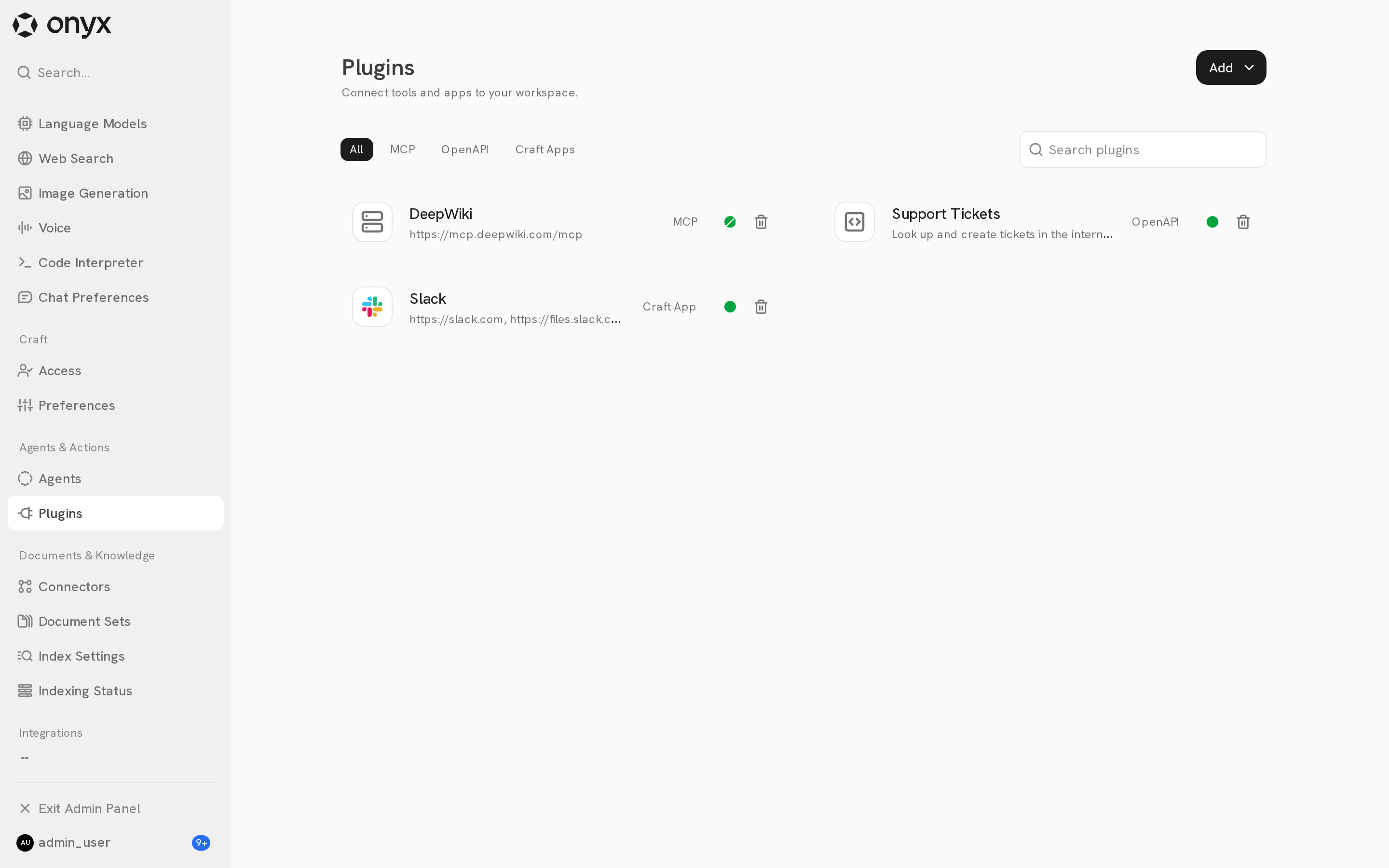 The Admin Panel Plugins page with an MCP server, an OpenAPI plugin, and a Slack Craft App