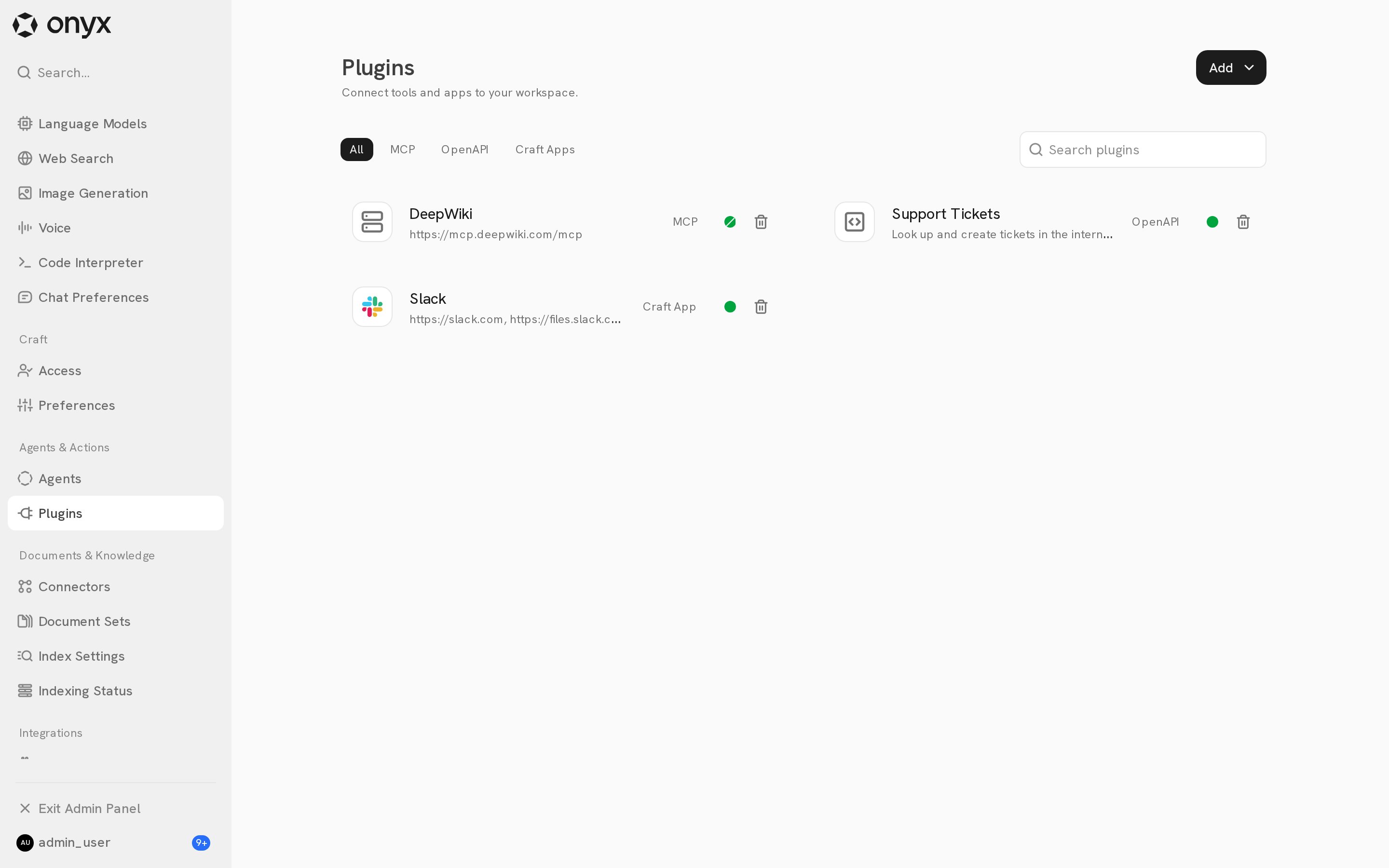 The Admin Panel Plugins page with an MCP server, an OpenAPI plugin, and a Slack Craft App