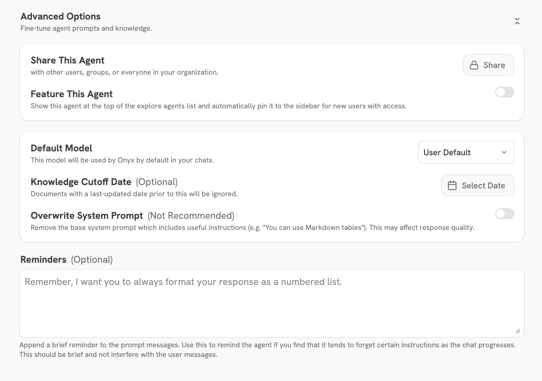 Onyx Agent advanced configuration options