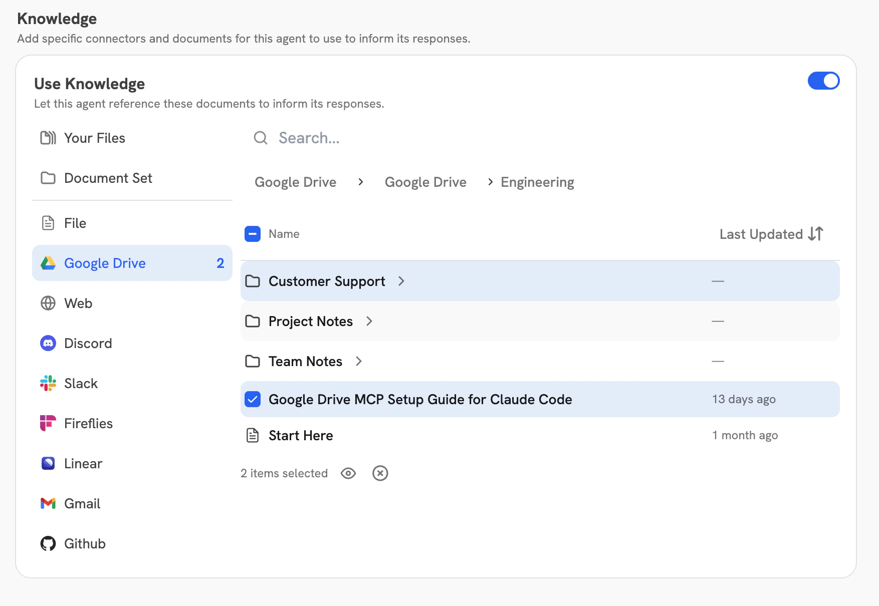 Onyx Agent hierarchical knowledge selection showing folder and file browsing