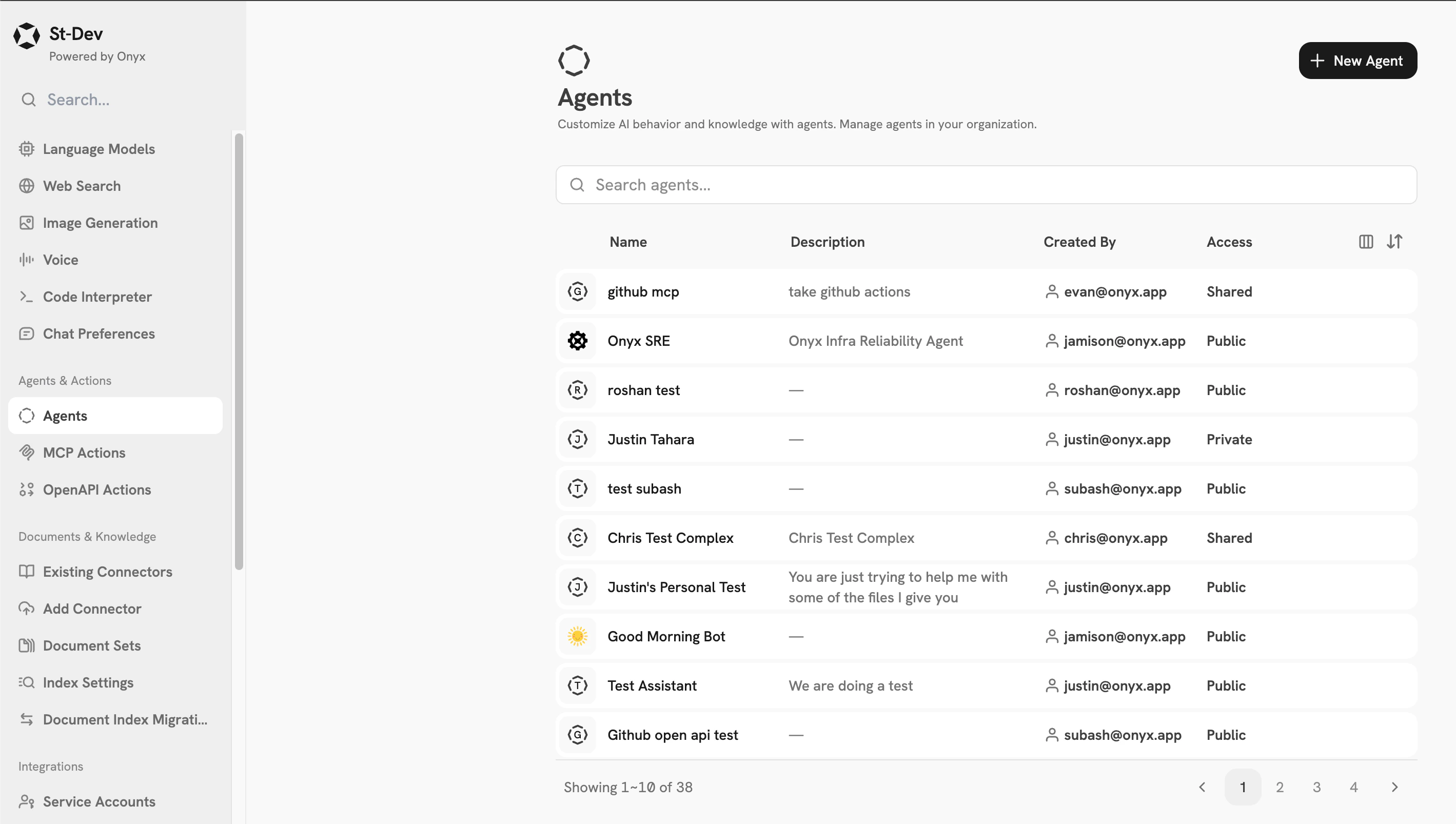 Onyx Agents Overview page showing available agents