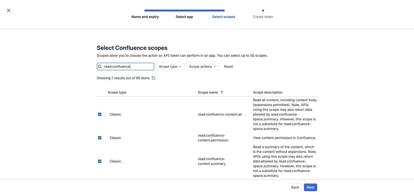 Atlassian's Confluence scope picker filtered to read
scopes