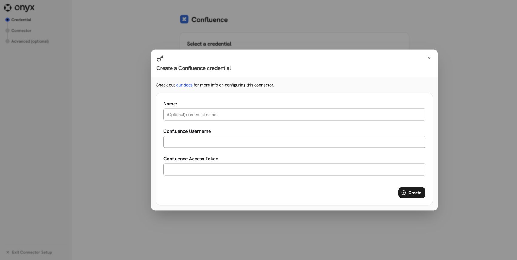 The Onyx Confluence credential dialog