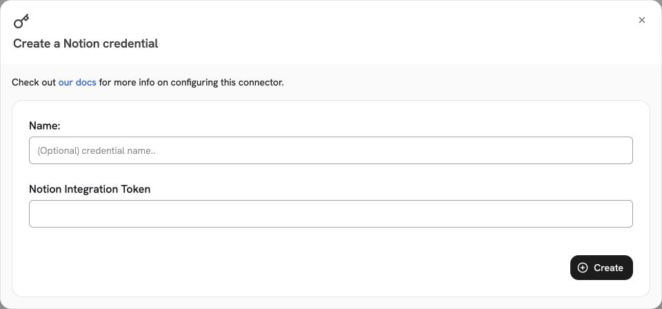 Onyx Create a Notion credential dialog with Name and Notion Integration Token fields