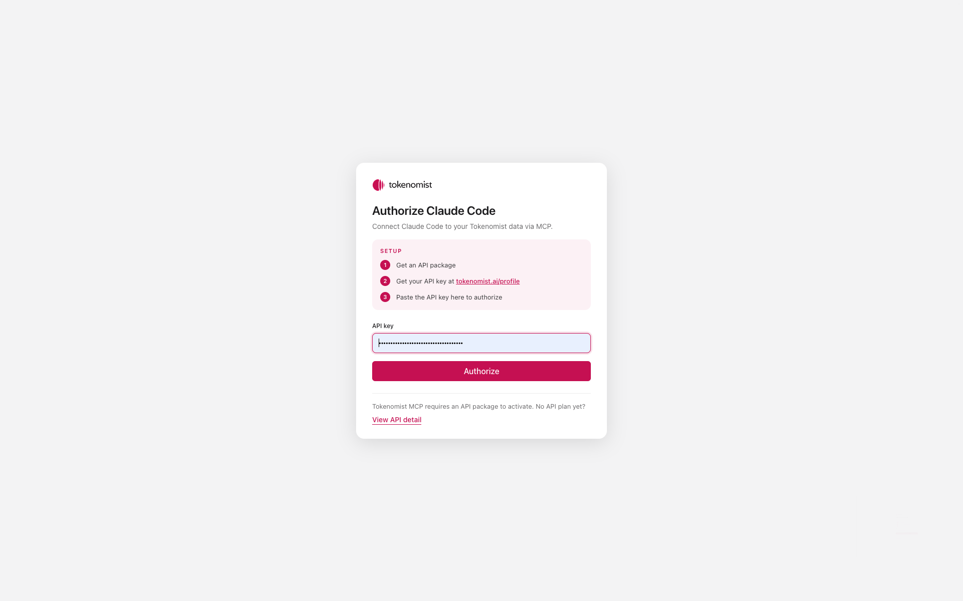 Tokenomist authorization page