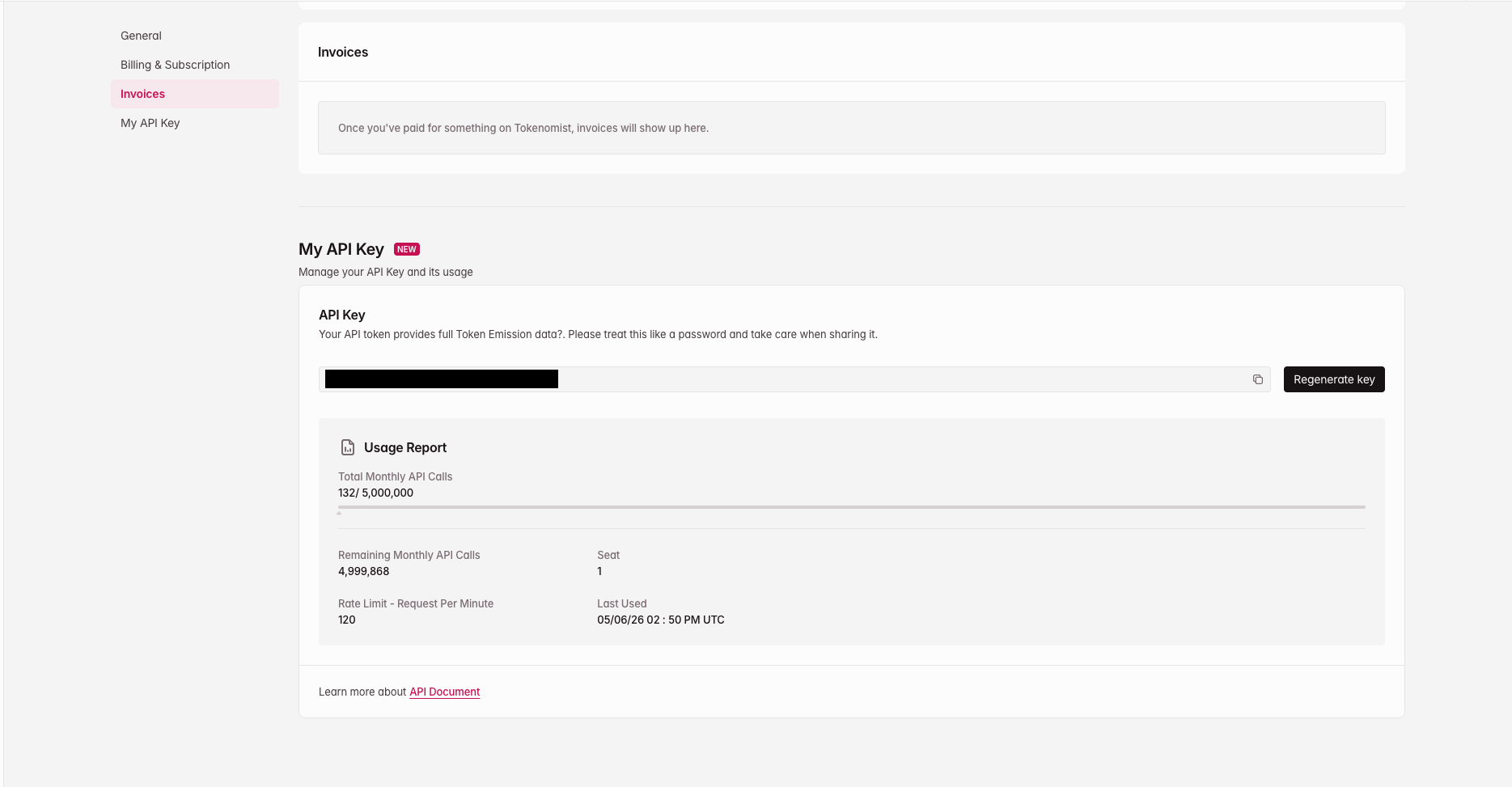 Tokenomist My API Key page