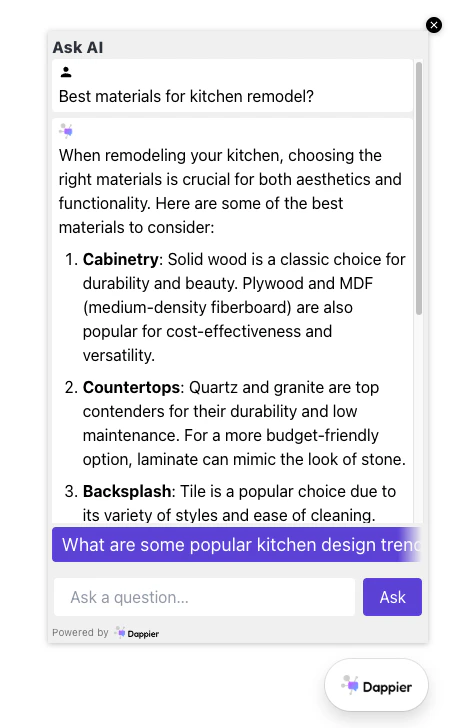 Example of Dockable Ask AI Widget showing chat interface overlay