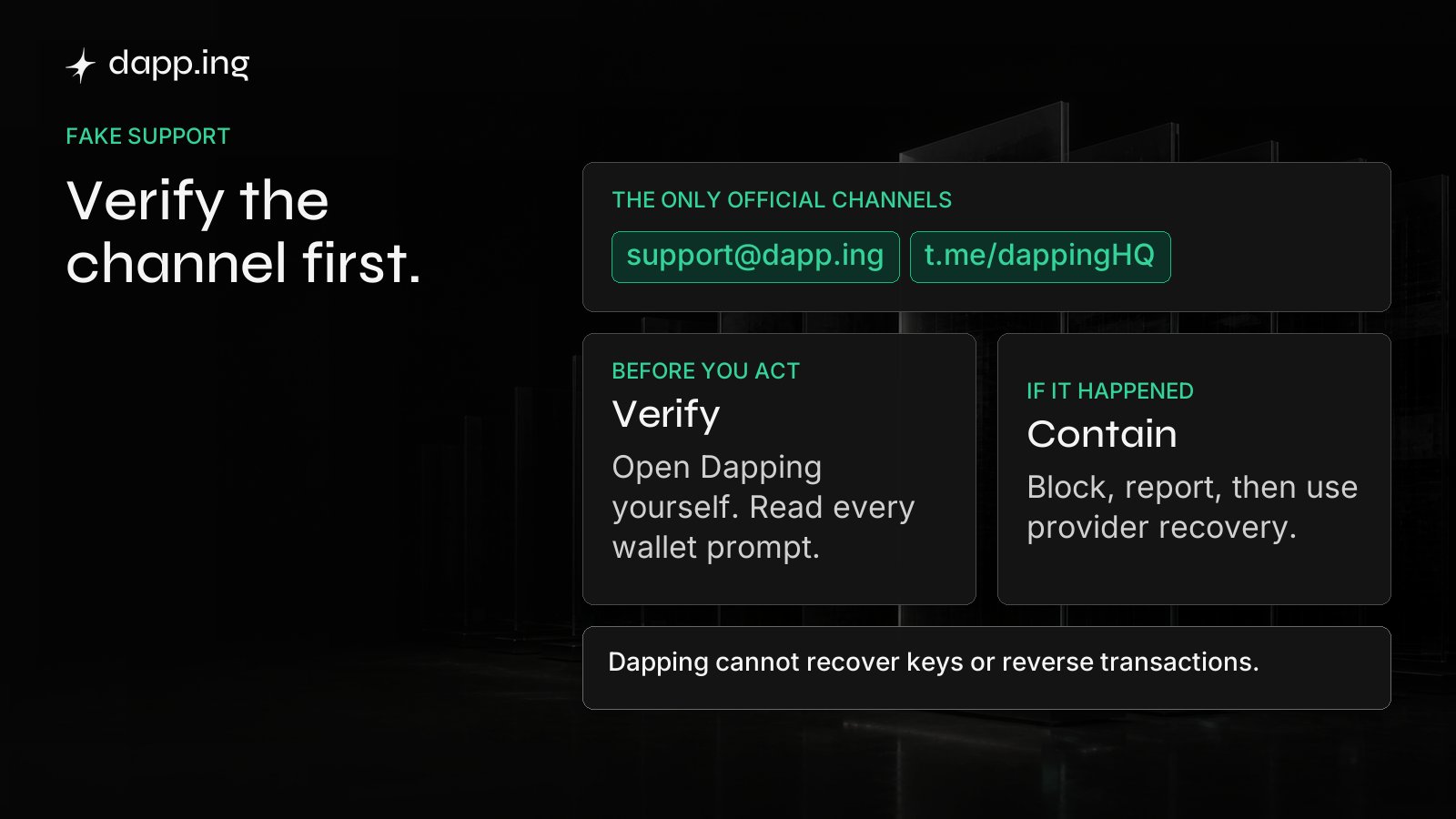 The only official support channels, what to verify before acting on a message, and how to contain it afterwards. Dapping cannot recover keys or reverse transactions.