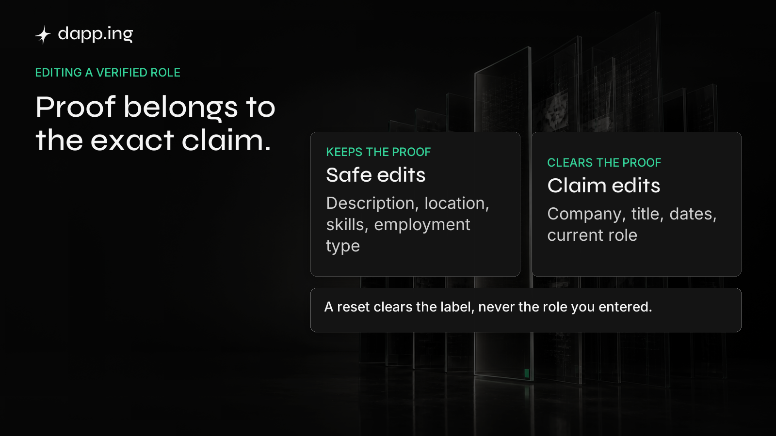 Edits that keep proof, such as description and skills, beside edits that clear it, such as company, title and dates. A reset removes the label, never the role.