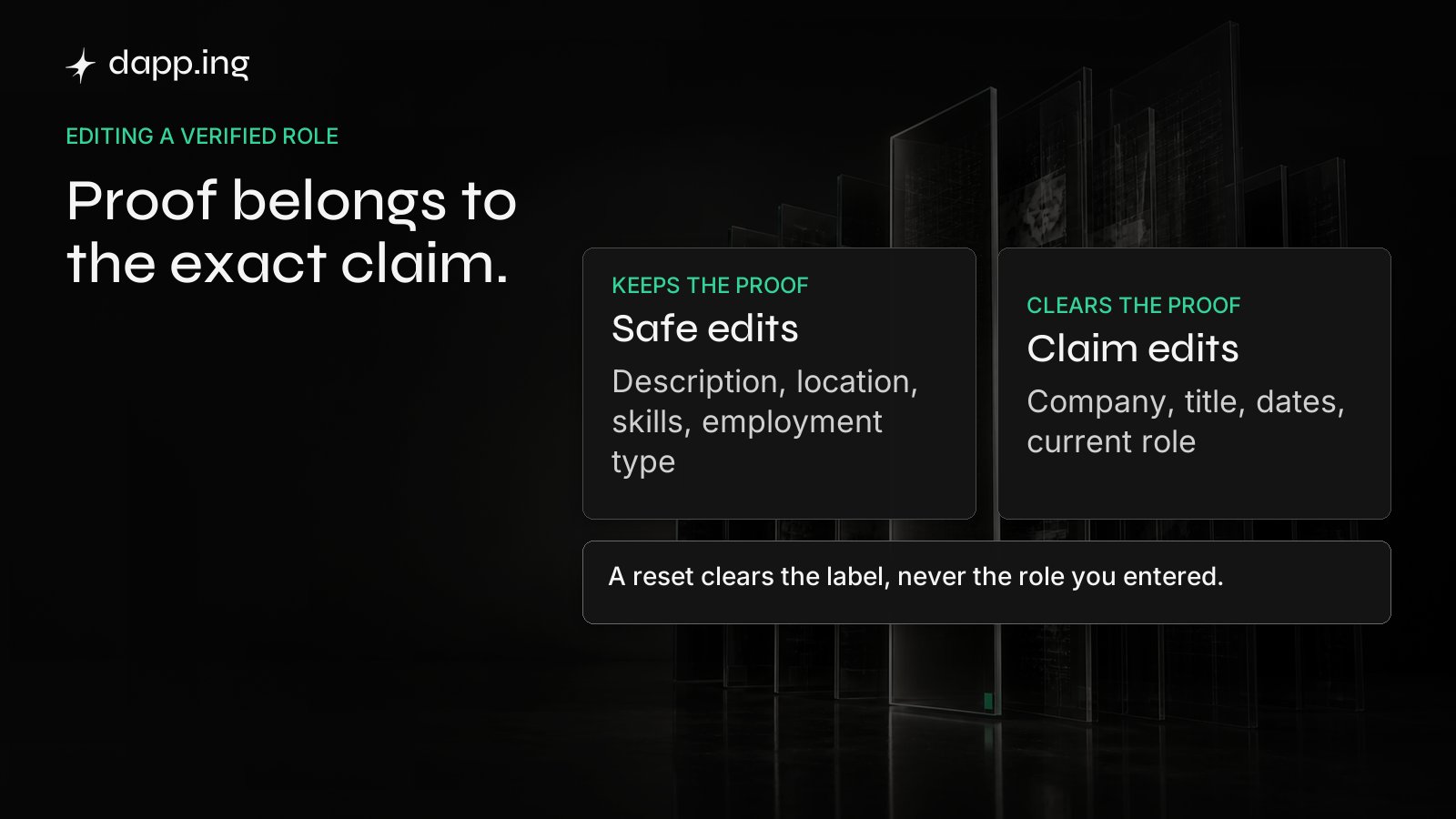 Edits that keep proof, such as description and skills, beside edits that clear it, such as company, title and dates. A reset removes the label, never the role.