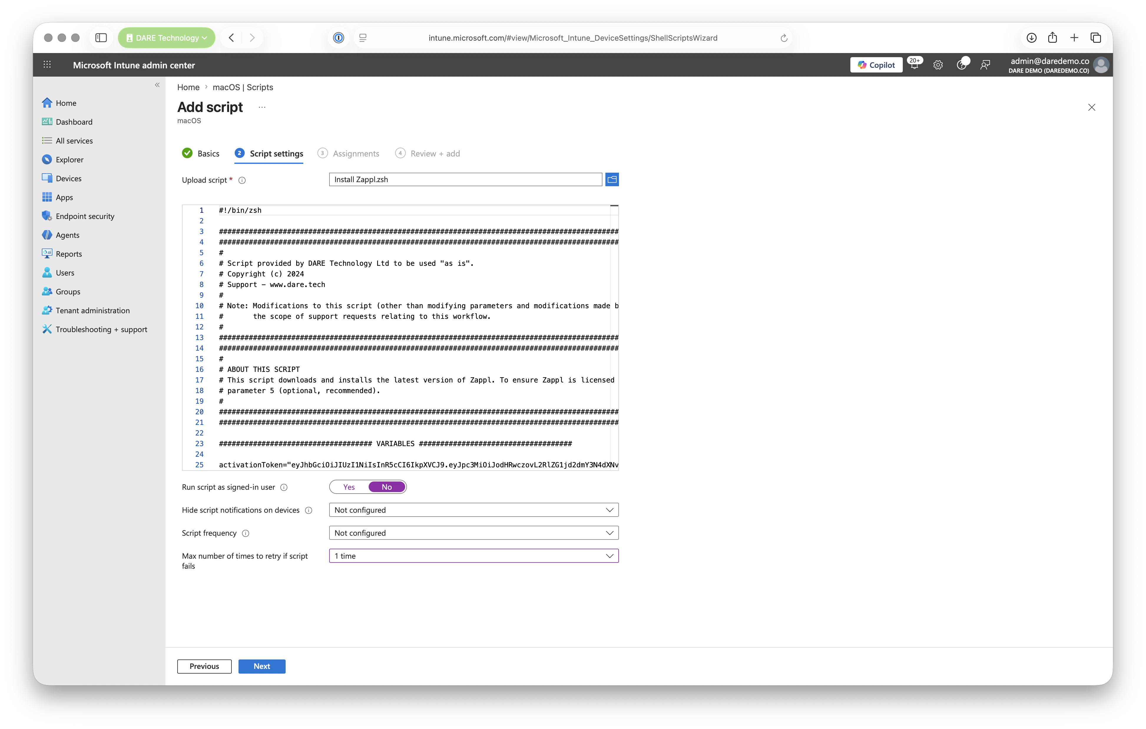 Intune Script Options