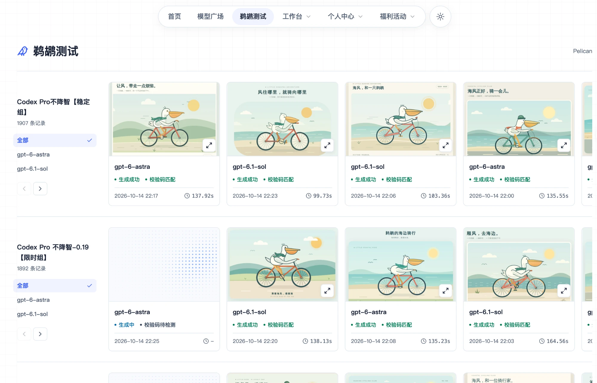鹈鹕测试页面，按分组展示各模型的绘图结果、校验状态和耗时