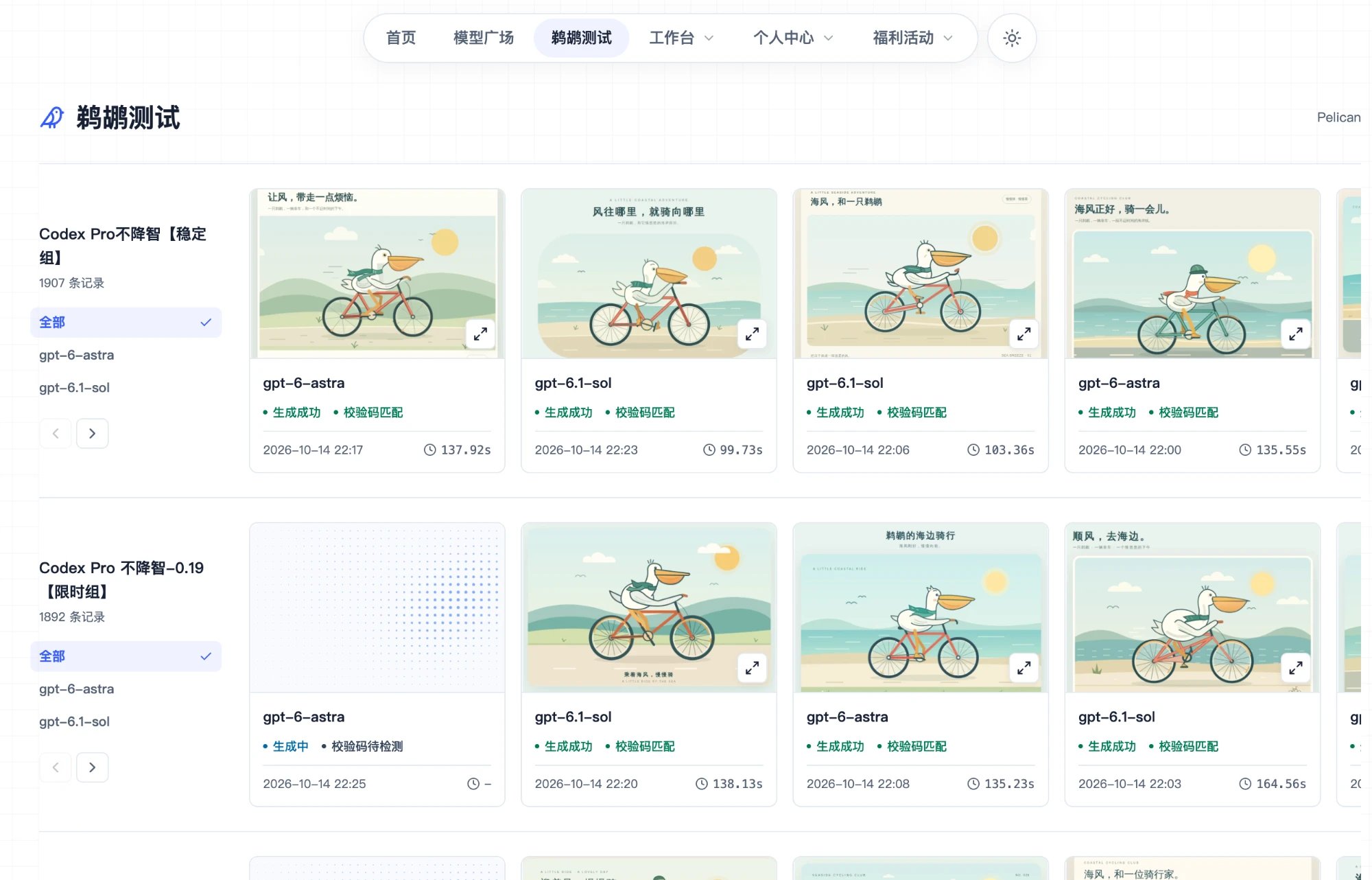 鹈鹕测试页面,按分组展示各模型的绘图结果、校验状态和耗时