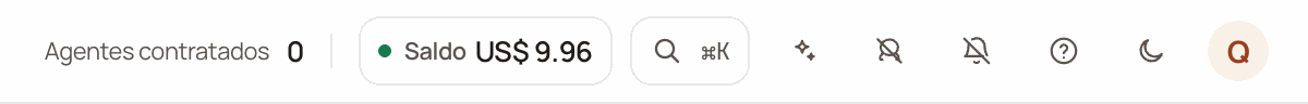 Dashboard top bar with «Embudos contratados 0» (Contracted funnels 0), the Saldo (Balance) chip with its green dot, the search box, the copilot and the buttons on the right