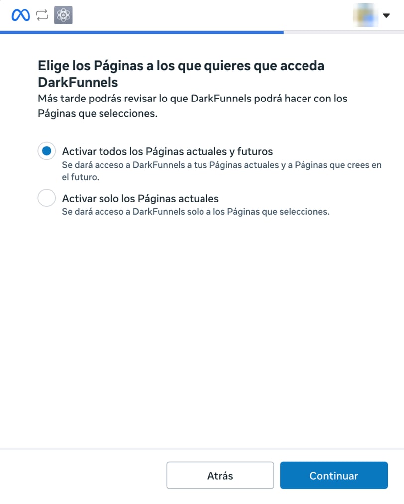 Ventana de Meta Elige las Páginas a las que quieres que acceda DarkFunnels, con las opciones de todas las páginas o solo las actuales