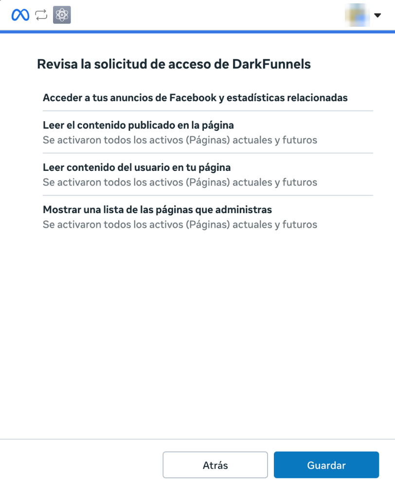 Ventana de Meta Revisa la solicitud de acceso de DarkFunnels con cuatro permisos y los botones Atrás y Guardar