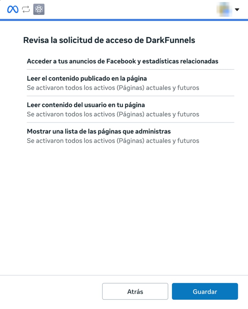 Ventana de Meta Revisa la solicitud de acceso de DarkFunnels con cuatro permisos y los botones Atrás y Guardar