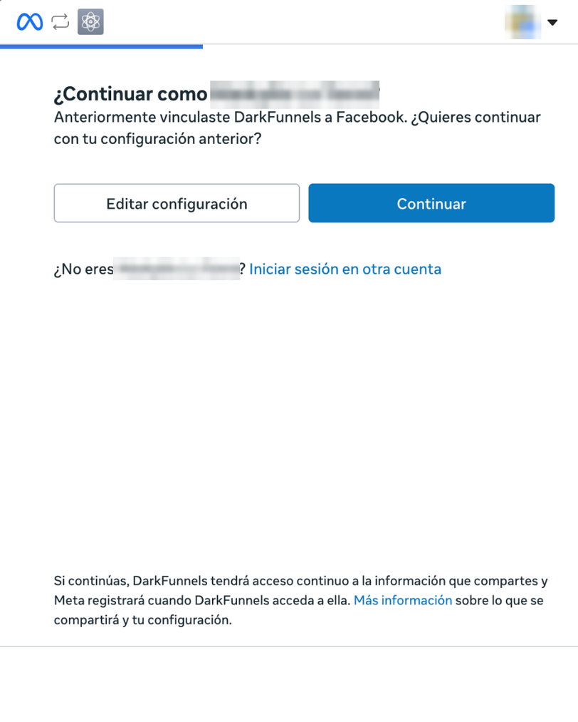 Ventana de Meta que pregunta si quieres continuar con tu configuración anterior, con los botones Editar configuración y Continuar