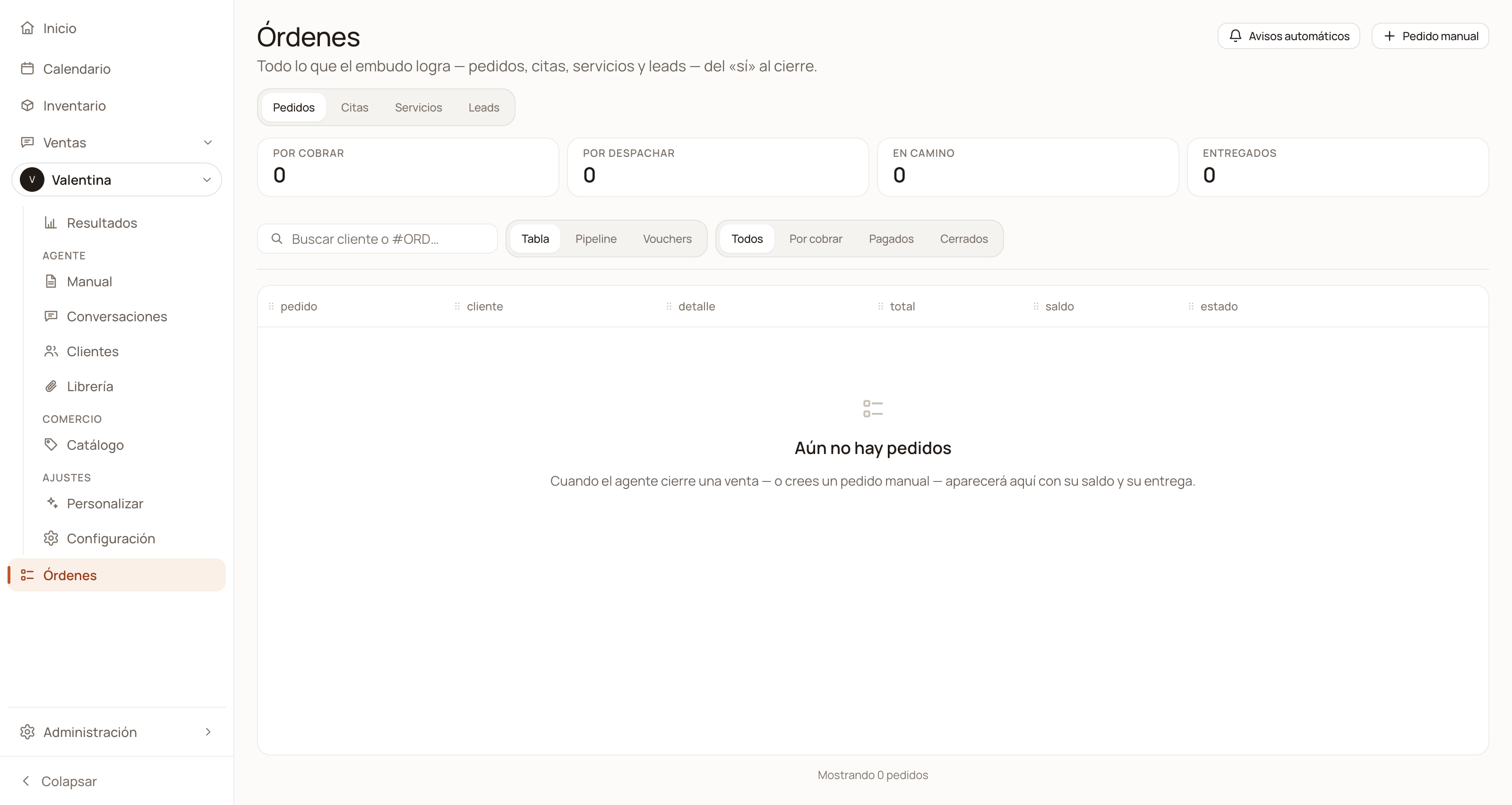 Panel de DarkFunnels con el menú lateral desplegado —Inicio, Calendario, Inventario, Ventas con su submenú, Órdenes y Administración— y la pantalla Órdenes vacía