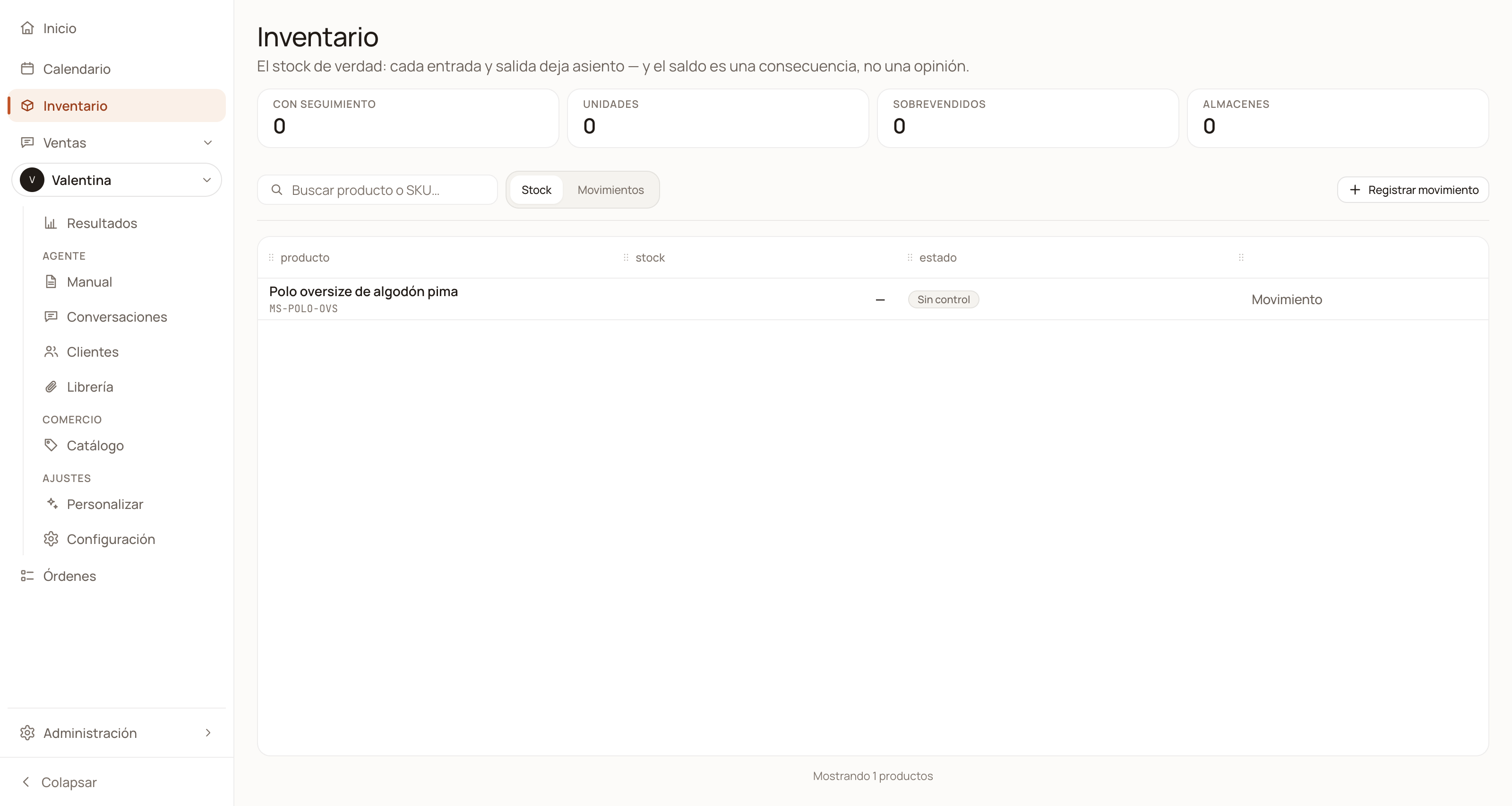Pantalla Inventario de DarkFunnels con los contadores arriba, las pestañas Stock y Movimientos y un producto listado