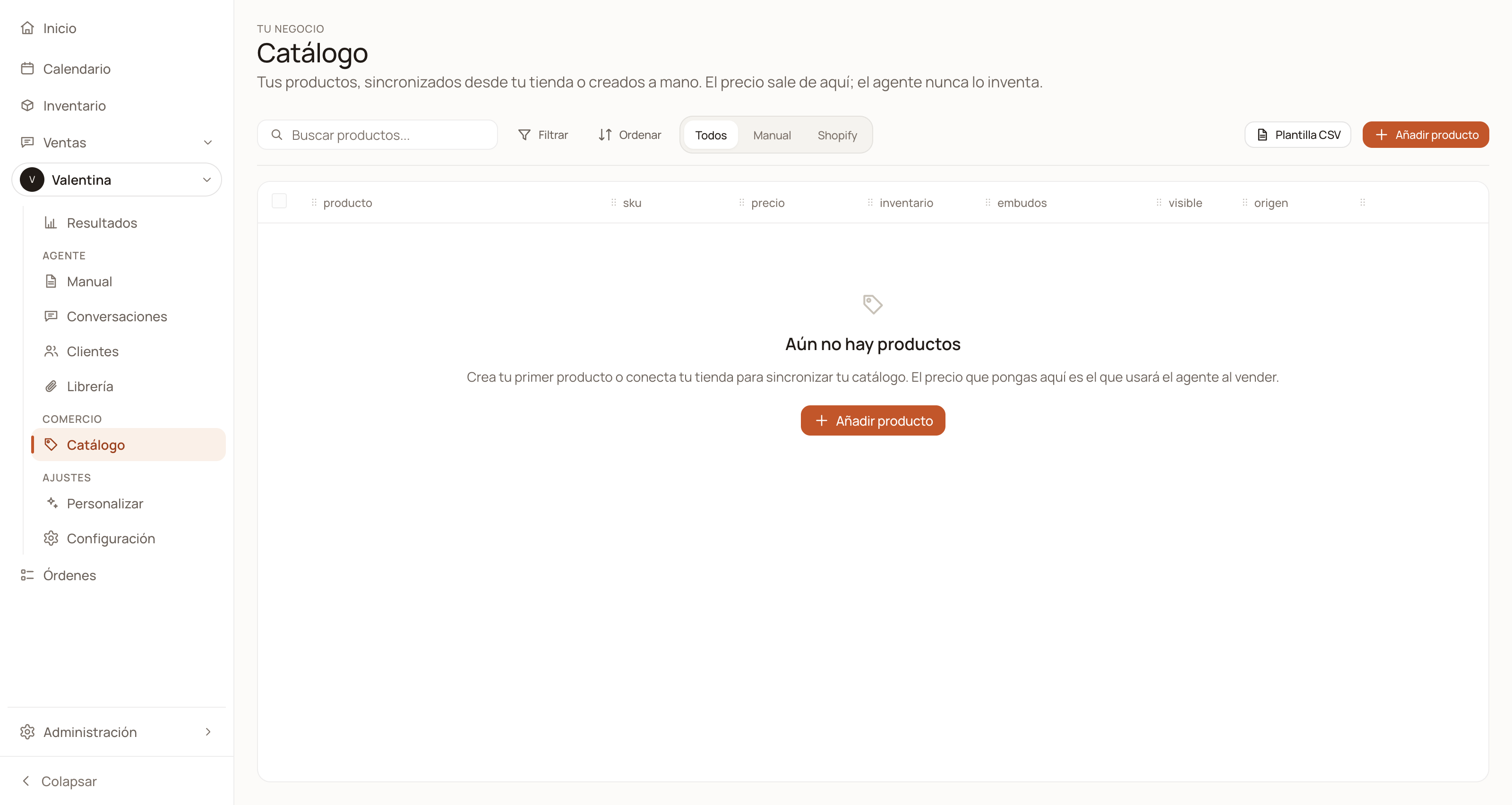 Empty Catalog screen with the message «No products yet» and the Add product button