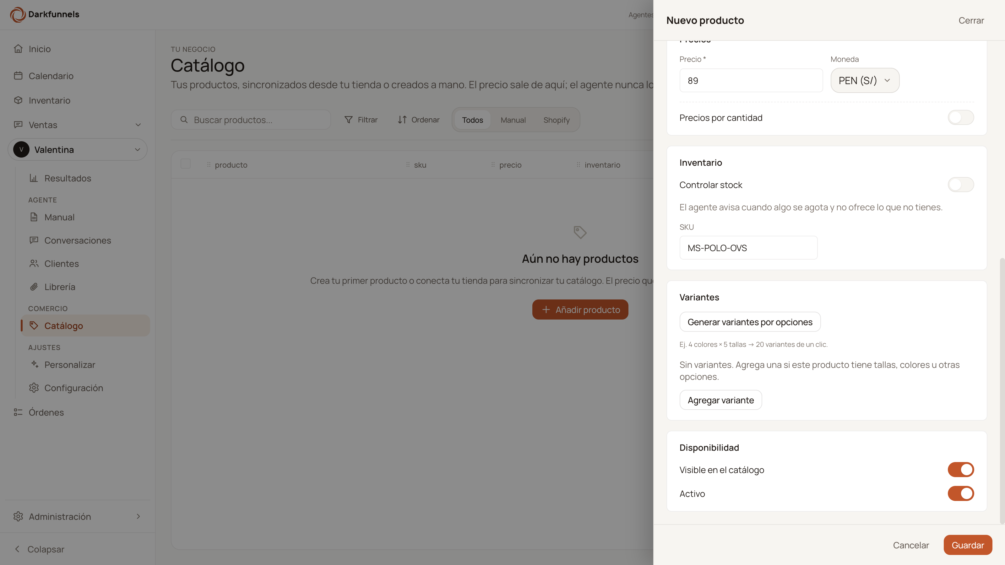 Inventory, SKU, Variants and Availability blocks of the product form