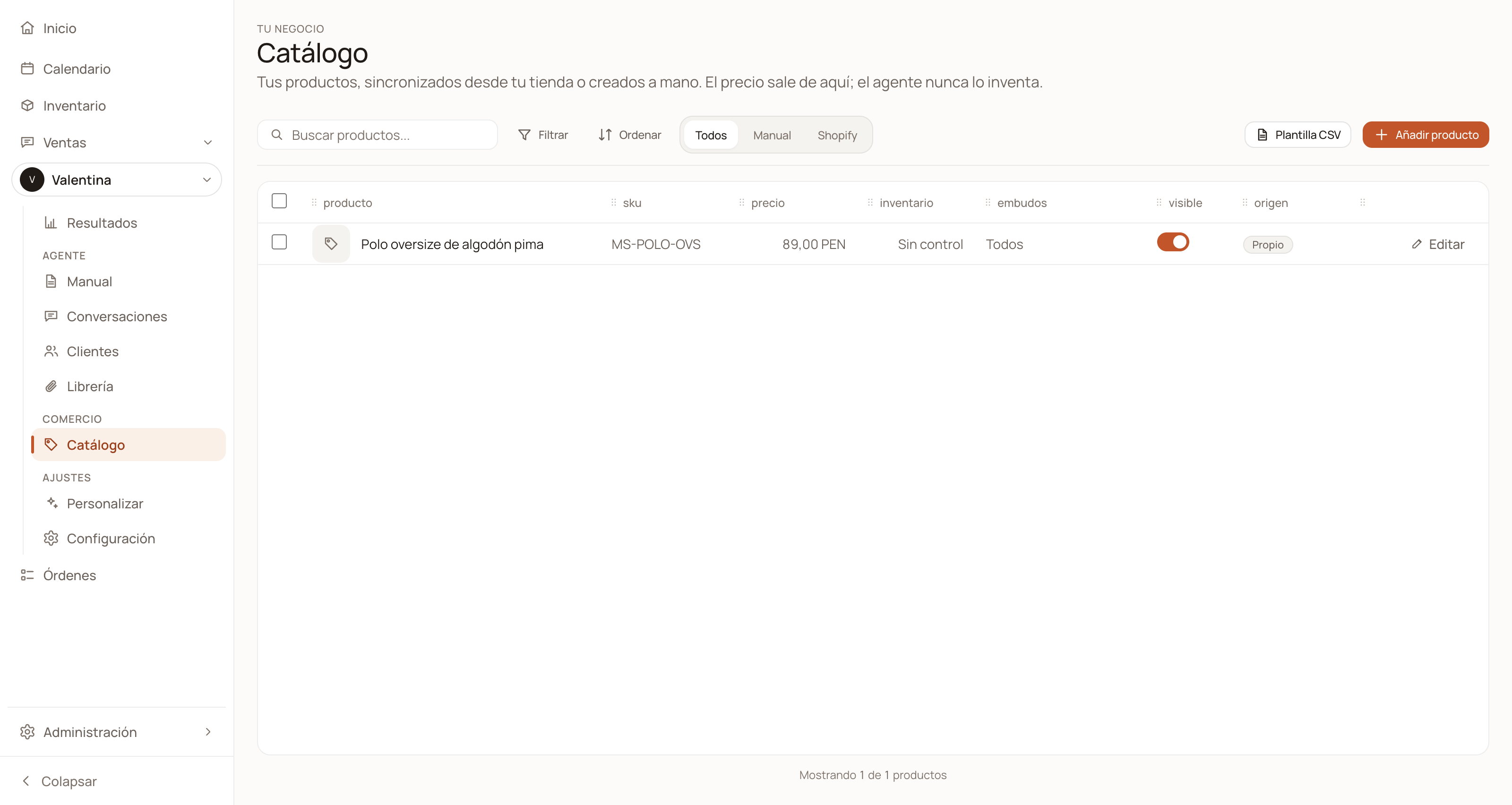 Catalog table with a saved product and all its columns