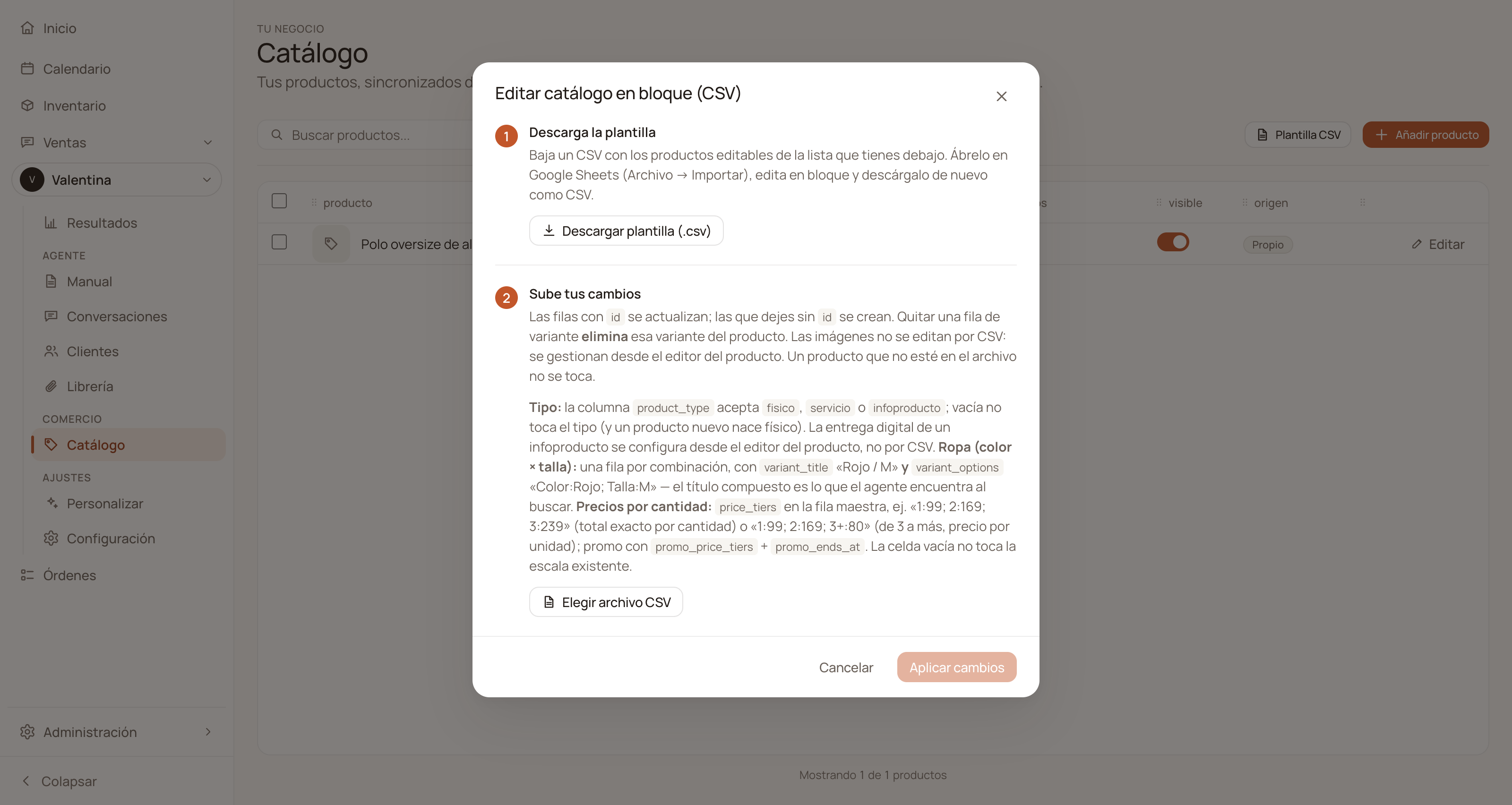 «Bulk-edit catalog (CSV)» modal with the Download the template and Upload your changes steps