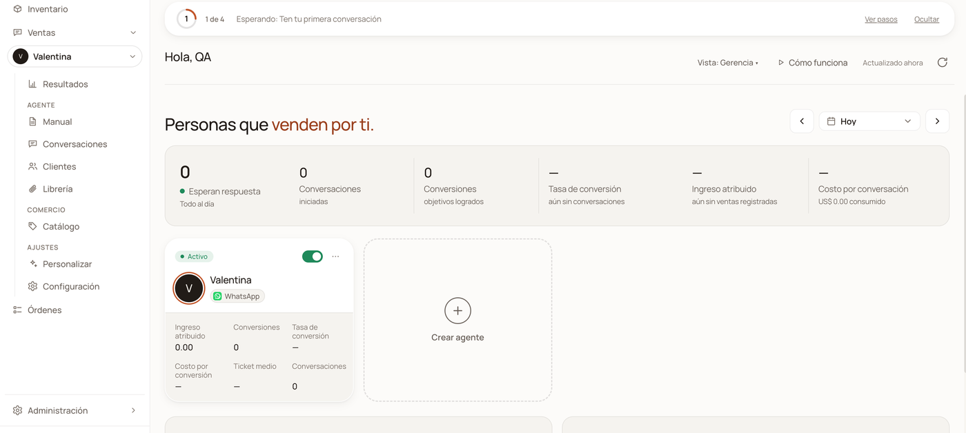 Pantalla de Inicio con la lista de arranque arriba, la banda de métricas y la tarjeta del agente Valentina