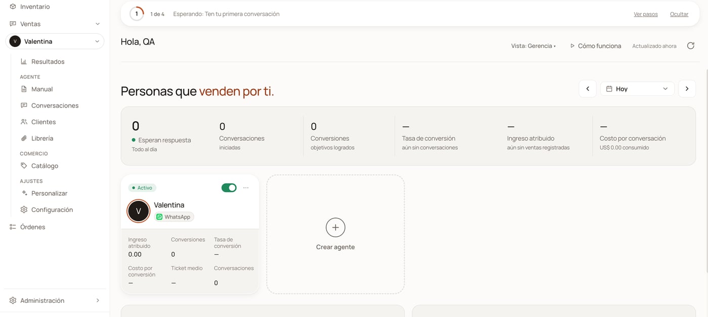 Pantalla de Inicio del panel de DarkFunnels con el menú lateral y la tarjeta de un agente