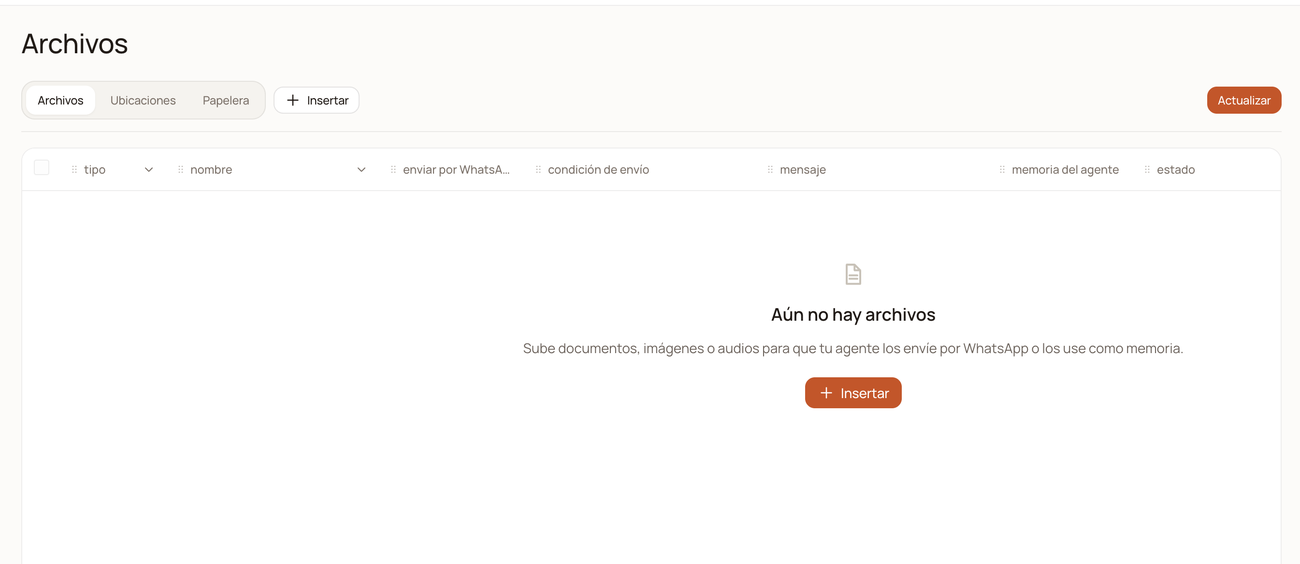 Empty state of the Library: «Aún no hay archivos» (There are no files yet)