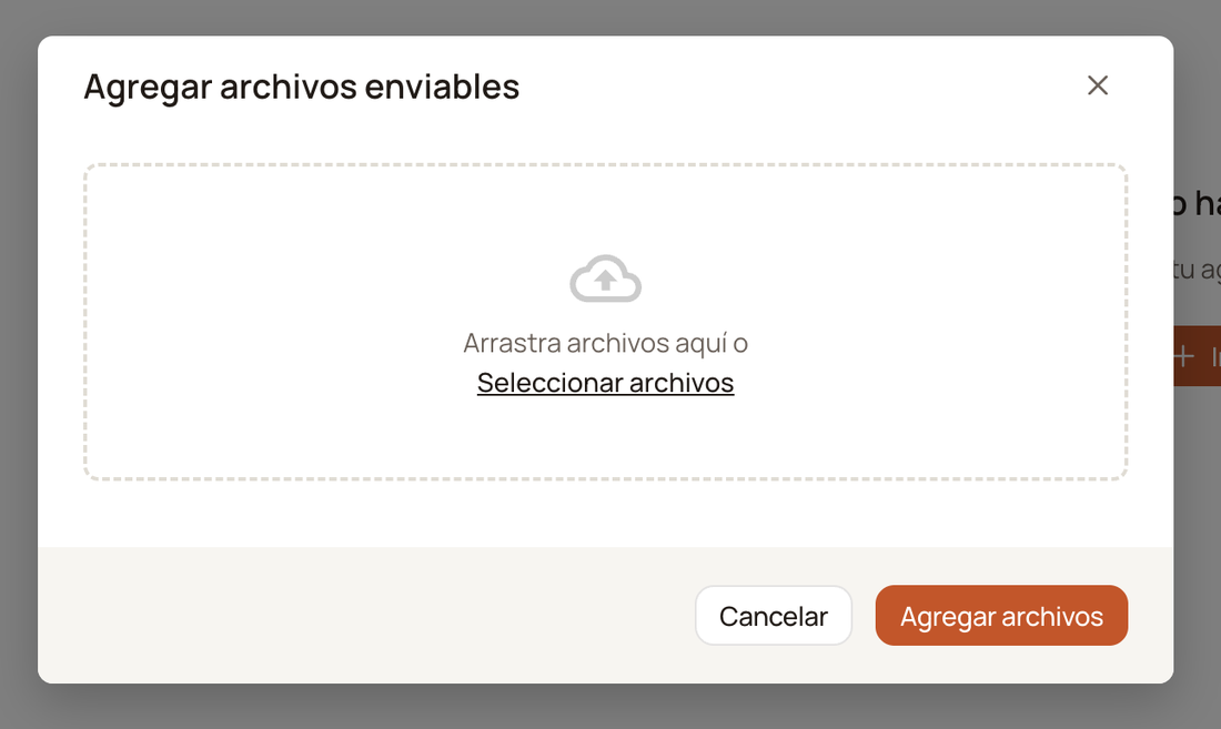 «Agregar archivos enviables» (Add sendable files) window with the drop zone