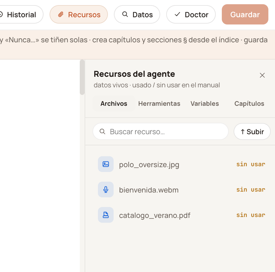 Playbook editor with the Recursos (Resources) drawer open on the Archivos (Files) tab