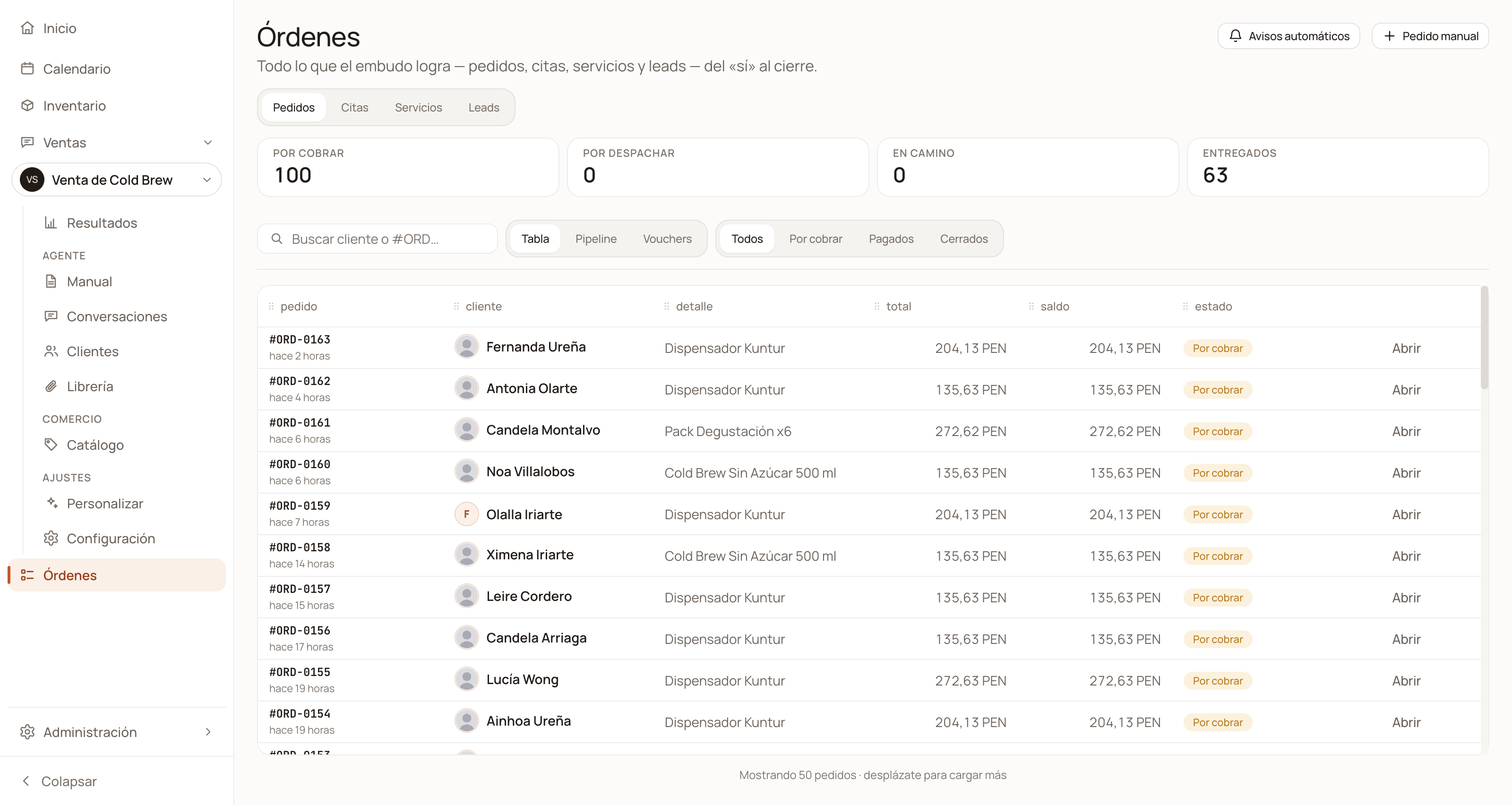 DarkFunnels dashboard Orders screen with the orders table full and the four totals at the top