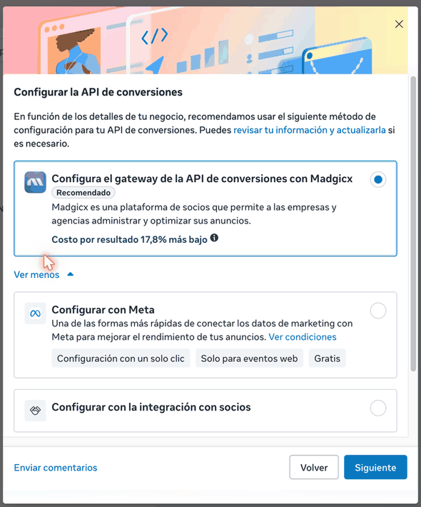 Conversions API setup options, with “Set up manually” at the end