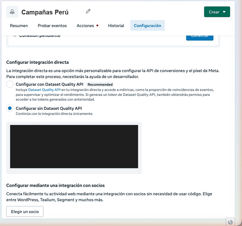 Token de acceso generado, con el texto del token oculto