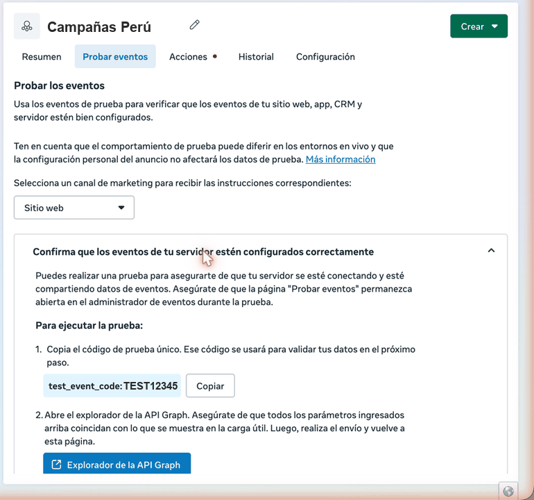 Pestaña Probar eventos con el test_event_code visible