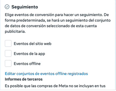 Editor del anuncio con el bloque Seguimiento y la casilla Eventos del sitio web sin marcar