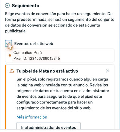 Tracking block with the dataset selected and the pixel-not-active notice