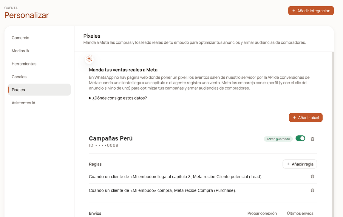 Customize → Pixels dashboard with one connected pixel and two rules