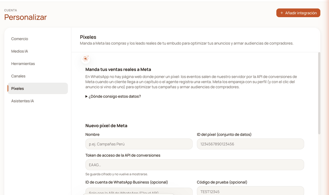 “New Meta pixel” form with its five fields