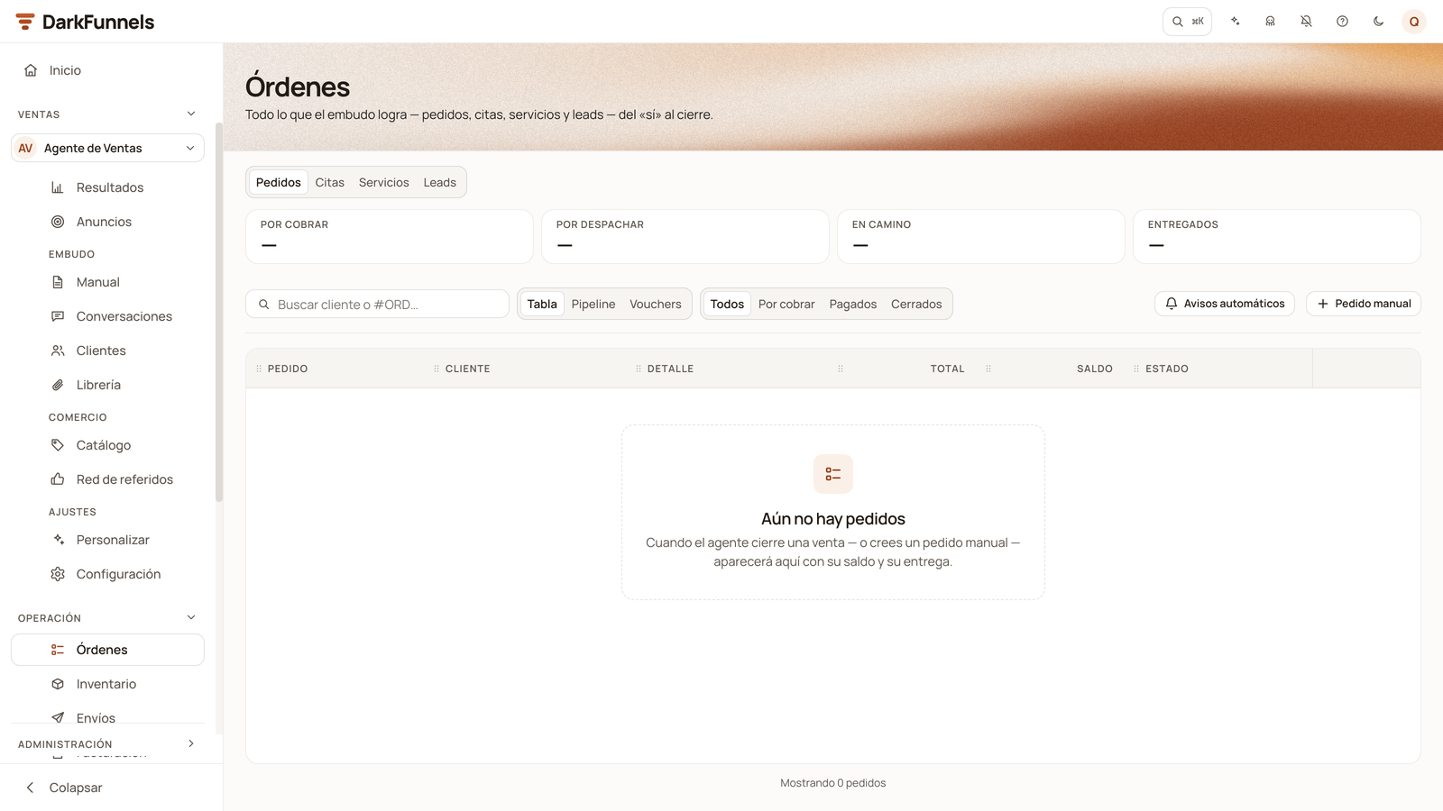 Dashboard Órdenes screen with the Pedidos, Citas, Servicios and Leads tabs, the band of four totals still without figures («—»), the search box, the Tabla, Pipeline and Vouchers views, the Avisos automáticos and Pedido manual buttons and the «Aún no hay pedidos» notice
