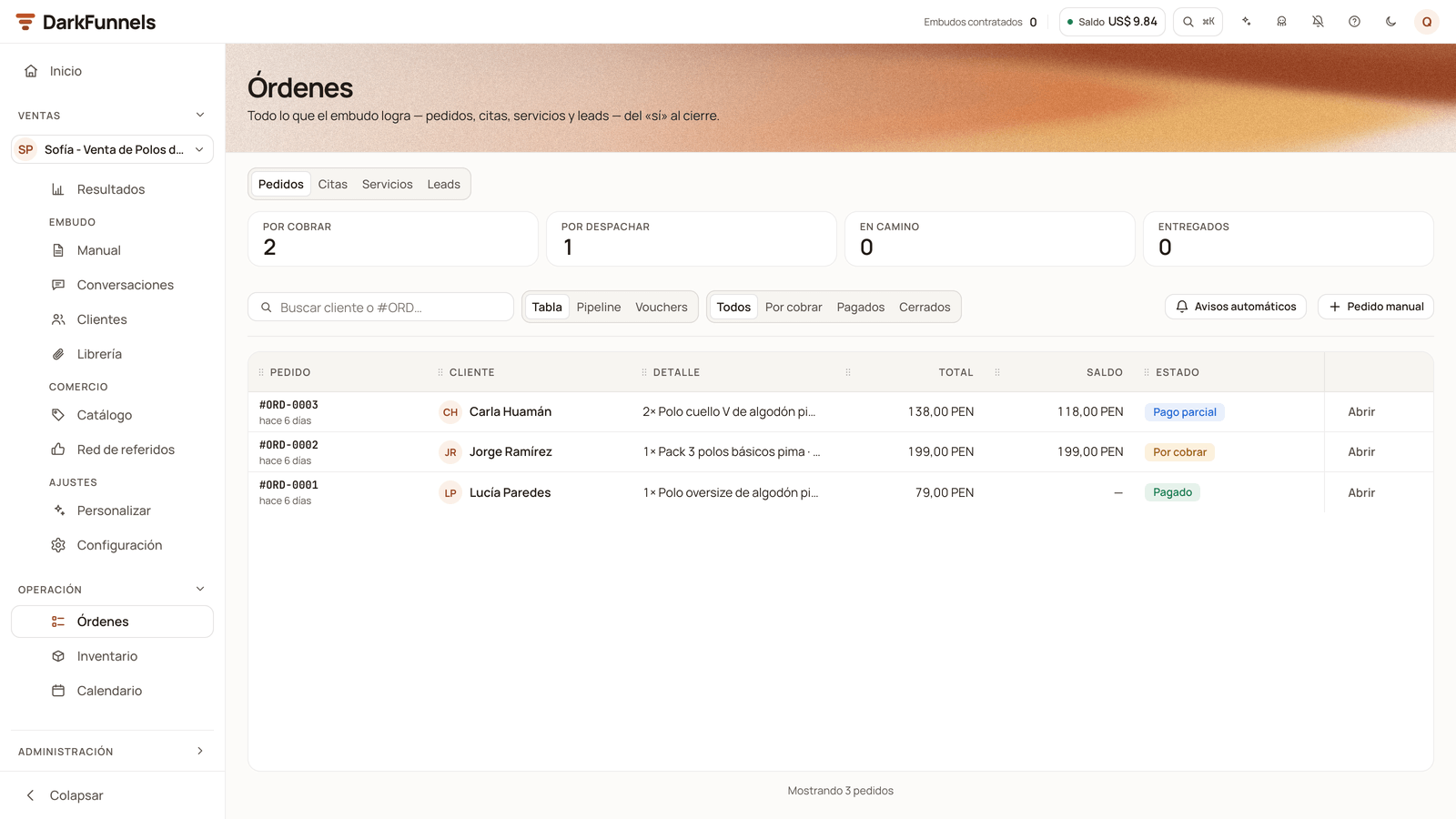 Órdenes screen in Tabla view with three orders, #ORD-0001 to #ORD-0003, in the Pagado, Por cobrar and Pago parcial statuses